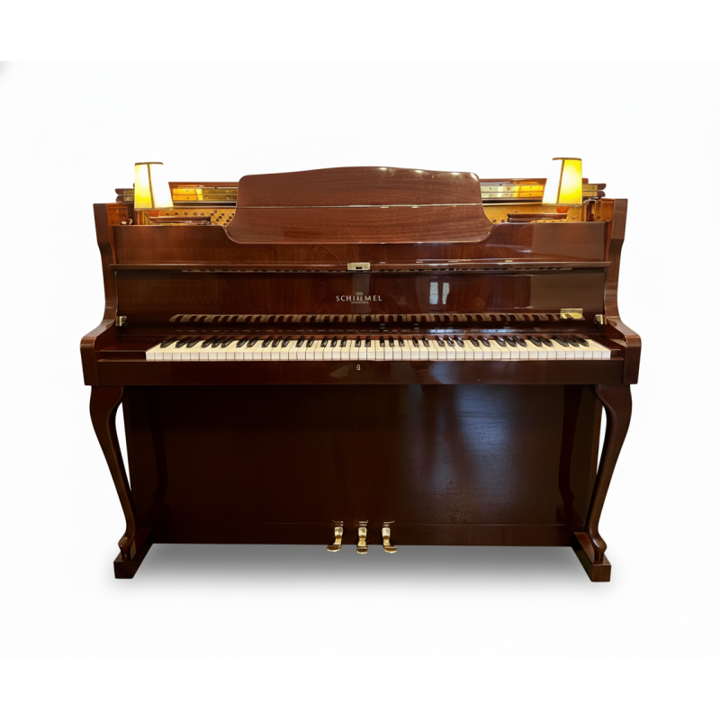 Piano Droit SCHIMMEL 112/9 avec 2 lampes acajou et banquette Piano Droit SCHIMMEL 112/9 avec 2 lampes acajou et banquette