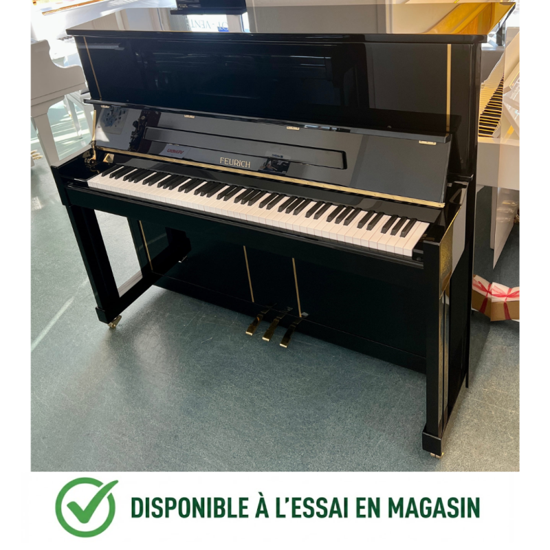 FEURICH F125 DESIGN PIANO DROIT NOIR BRILLANT OCCASION TRES RECENTE